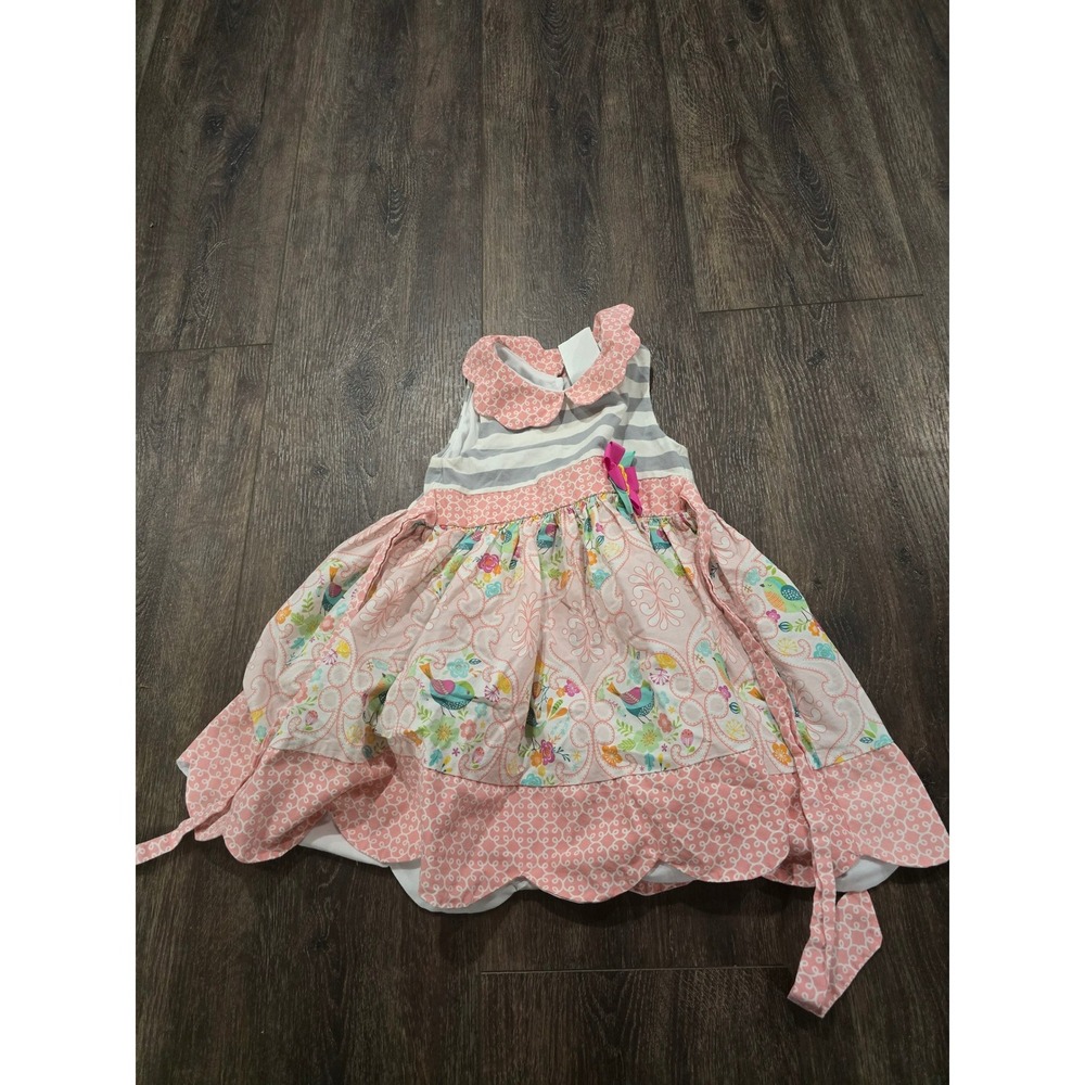 Counting Daisies Girls Pink Floral Bird Striped Dress Size 4 Peter Pan Collar
